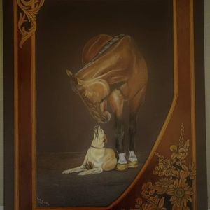 Hand drawn picture of horse and dog